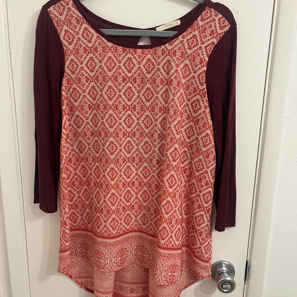 Burgundy and Red Patterned Long Sleeve Top